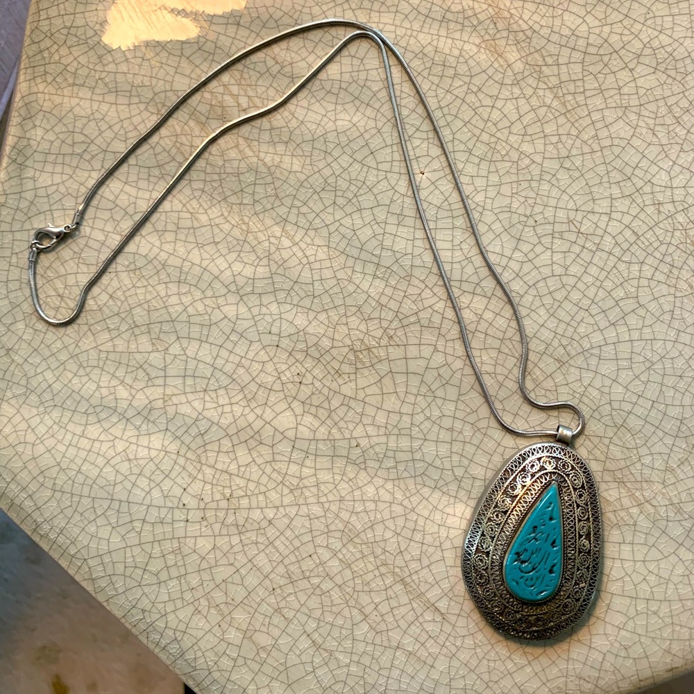 Vintage pendant silver long  necklace with turquoise stone